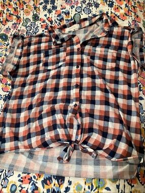 Eden & Olivia Coral, Navy & White Plaid Tie-Front Button Shirt